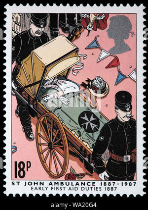 St. Johns Ambulance Brigade, Early first aid duties, 1887, postage stamp, UK, 1987 Stock Photo