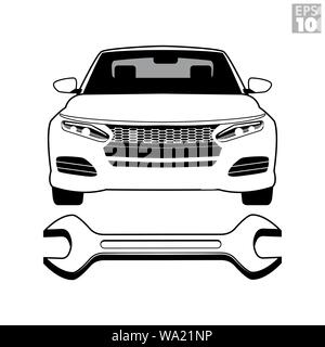 Black and White frontal view of a modern car, an open-ended wrench for auto repair; or overall concept of affordable, dependable auto maintenance. Stock Vector