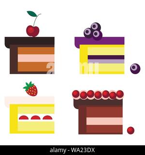 Set of different pieces of chocolate and biscuit sponge cakes with cherry, blueberries, strawberries, cranberries Stock Vector