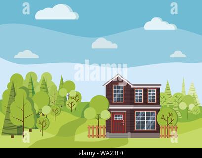 Summer or spring background landscape with two-storied house with fences, green trees, spruces, clouds, road Stock Vector