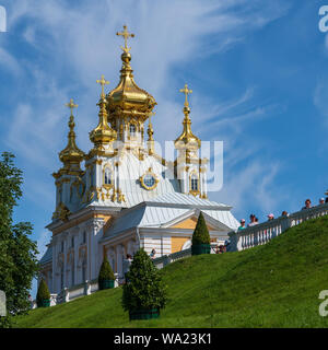 Peterhof, Russia -- July 21, 2019. A photo of gold domed living quarters adjacent to the  Summer Palace in Peterhof. Stock Photo