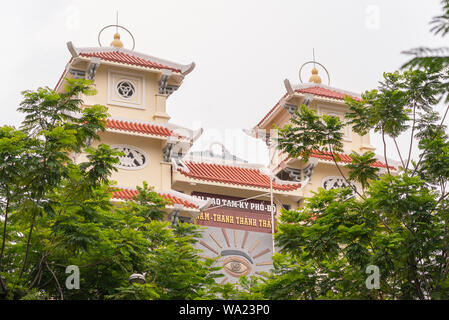 Ho Chi Minh City, Vietnam - April 28, 2019: the facade of Cao Dai temple Thanh That Nam Thanh (Thanh That Cau Kho) in Nguyen Cu Trinh Street