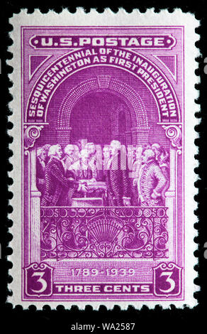 Washington Taking Oath of Office, 1789, postage stamp, USA, 1939 Stock Photo