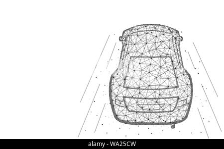 Car low poly design, transport abstract geometric image, fast driving wireframe mesh polygonal vector illustration made from points and lines on white Stock Vector