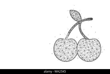 Cherries low poly design, fruit symbol abstract geometric image, berries wireframe mesh polygonal vector illustration made from points and lines on wh Stock Vector