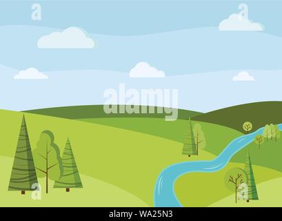 Beautiaful spring or summer field landscape background with green trees, spruces, fields, river, clouds Stock Vector