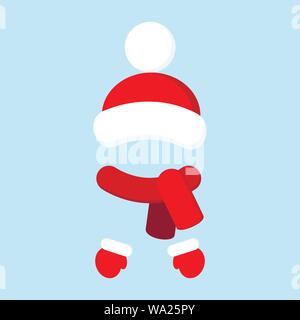 Red color warm knitted hat with pompom and scarf with mittens, traditional winter set, warm clothes. Stock Vector
