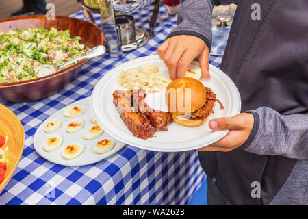 Barbeque dinner on a plate at a picnic. Stock Photo