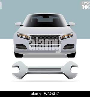 Frontal view of a modern car, an open-ended wrench for auto repair; or overall concept of affordable, dependable auto maintenance. Stock Vector