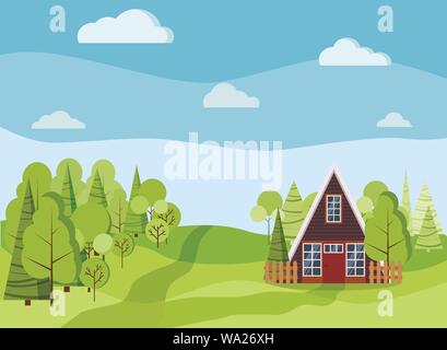 Summer or spring landscape with a-frame house with fences, green trees, spruces, clouds, road Stock Vector