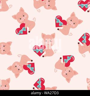 Vector seamless romantic pattern with cute pig with red heart tied with blue ribbon in paws Stock Vector
