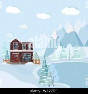 Beautiful Christmas winter nature landscape background with mountains, snow, trees, spruces, lake, two story house Stock Vector