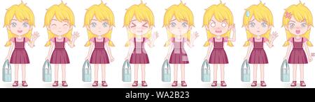 Anime manga girl, Cartoon character in Japanese style. School girl in a violet sundress. Set of emotions. Stock Vector