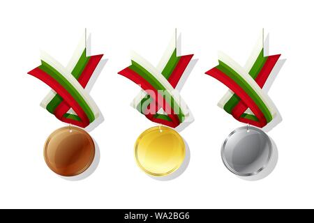 Bulgarian medals in gold, silver and bronze with national flag. Isolated vector objects over white background Stock Vector