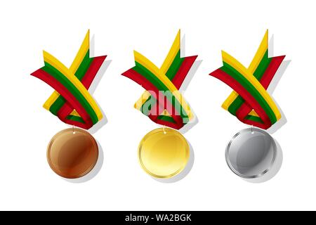 Lithuanian medals in gold, silver and bronze with national flag. Isolated vector objects over white background Stock Vector