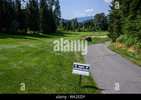 WHISTLER, BC/CANADA – AUGUST 3, 2019: Fairmont Chateau Whistler Golf Club, toad crossing sign between cart path and fairway, caution to watch out for Stock Photo