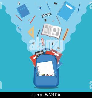 Back to school concept, backpack with flying school supplies, stationery on blue background Stock Vector
