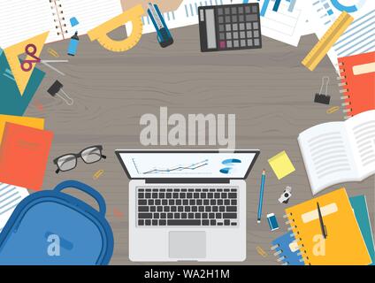 Wood textured desk from top view, with laptop computer, backpack, stationery, glasses, calculator, book, folder, document and school notebook in flat Stock Vector
