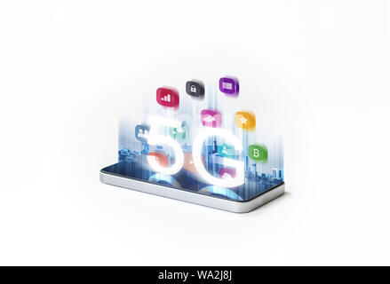 5G wireless high speed internet network on mobile smart phone and application technology Stock Photo