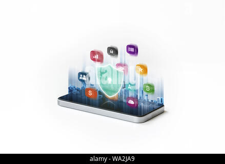Mobile phone security and digital data security system. Mobile smart phone with application and lock icons hologram Stock Photo