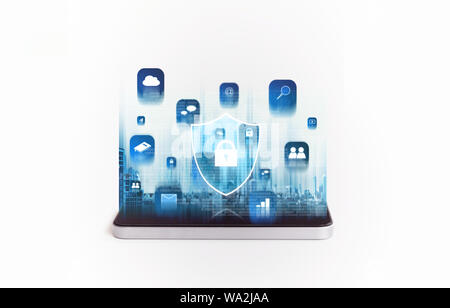 Mobile phone security and digital data security system. Mobile smart phone with application and lock icons hologram Stock Photo