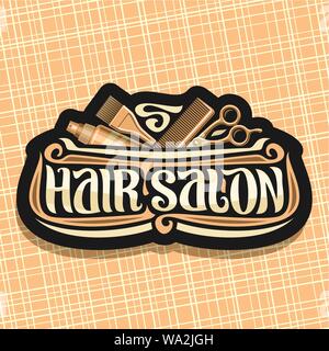 Vector logo for Hair Salon, black signage with hairdresser professional equipment, original brush typeface for words hair salon, design signboard with Stock Vector