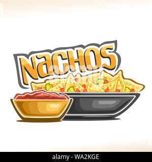 Vector poster for Mexican Nachos, corn chips with slice of hot jalapeno and chili in dish, bowl with tomato ketchup, original lettering for word nacho Stock Vector