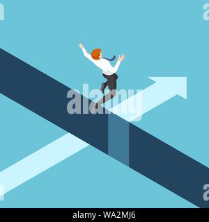 Flat 3d isometric businessman jumping over the gap between cliffs. Business risk and leadership concept.
