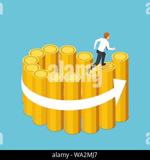 Flat 3d isometric businessman running on the swirl staircase of golden coin stacks. Business success and financial concept. Stock Vector