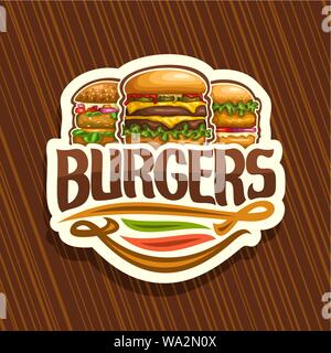 Vector logo for Burgers, white sign with cheeseburger, fresh veggieburger and hamburger with fried chicken cutlet, original typeface for word burgers, Stock Vector