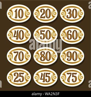 Vector set of Number icons for anniversary, white stylish symbols for wedding, collection of oval isolated objects with calligraphy numbers, illustrat Stock Vector