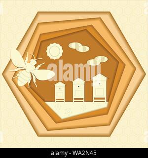 Bee honey paper cut style vector image. Stock Vector