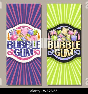 Vector vertical banners for Bubble Gum, flyer with pile of colorful chewing bubblegums and fruit gummy candies, original brush typeface for words bubb Stock Vector