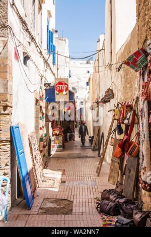 Essaouira, Morocco - September 14th 2010: A narrow street in the old town. The town is situated on the Atlantic coast. Stock Photo