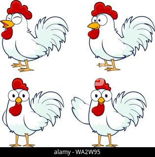 Rooster cartoon. Chicken farm male birds with colored feathers vector ...