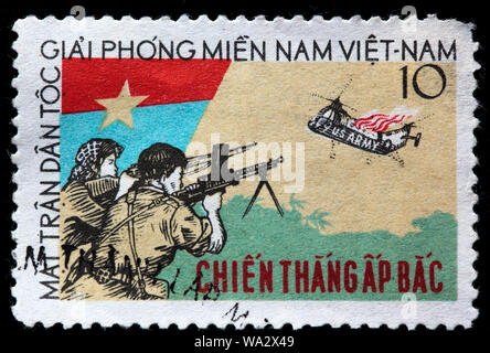 Battle of Ap Bac, Soldiers with machine gun, Vietnam war, postage stamp, Vietcong, National Liberation Front, 1963 Stock Photo