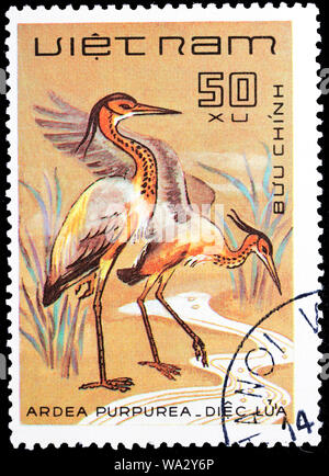 Ardea purpurea, Purple Heron, postage stamp, Vietnam, 1983 Stock Photo