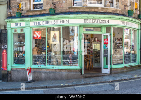The Cornish Hen Deli in Market place in the heart of Penzance in West Cornwall, England, UK. Stock Photo