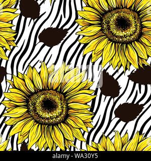 Sunflowers field seamless vector pattern for fabric textile design. Flat colors, easy to print. Yellow wildflowers with black stripped zebra lines Stock Vector