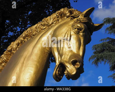 MILAN, Italy: 15 August 2019: Leonardo Horse project, the Leonardo's horse revisited by autor Roberto Fragata in old hippodrome, Milan. Stock Photo