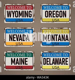 Set Welcome to Maine Wyoming Oregon Nevada Montana Delaware vintage rusty metal sign on a white background, vector illustration Stock Vector