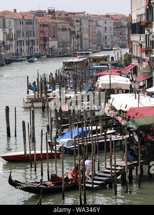 Gondalas moored on the Grand Canal, Venice, Italy Stock Photo