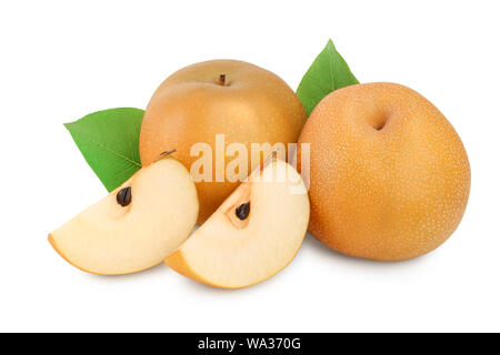 Fresh asian pears with leaf isolated on white background. Stock Photo