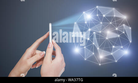3D Projection of social media diagram network from cellphone Stock Photo