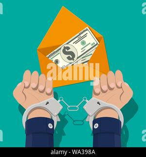 Hand with key unlocking handcuffs for money. Stock Vector