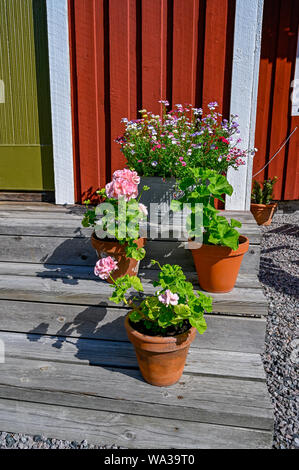 flowers on stairs infront of a red wooden cabin Stock Photo