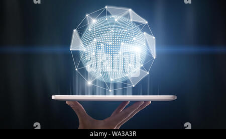 Projection of world sphere in 3D rendering out of digital tablet Stock Photo