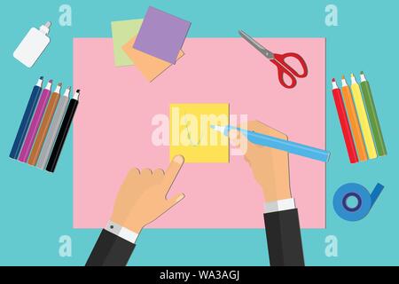 Hands of a man drawing something on a piece of paper Stock Vector