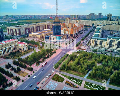 NUR-SULTAN, KAZAKHSTAN (QAZAQSTAN) - July 29, 2019: Beautiful panoramic aerial drone view to Nursultan (Astana) city center with skyscrapers and Baite Stock Photo