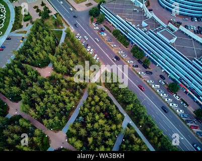 NUR-SULTAN, KAZAKHSTAN (QAZAQSTAN) - July 29, 2019: Beautiful panoramic aerial drone view to Nursultan (Astana) city center with skyscrapers and Baite Stock Photo